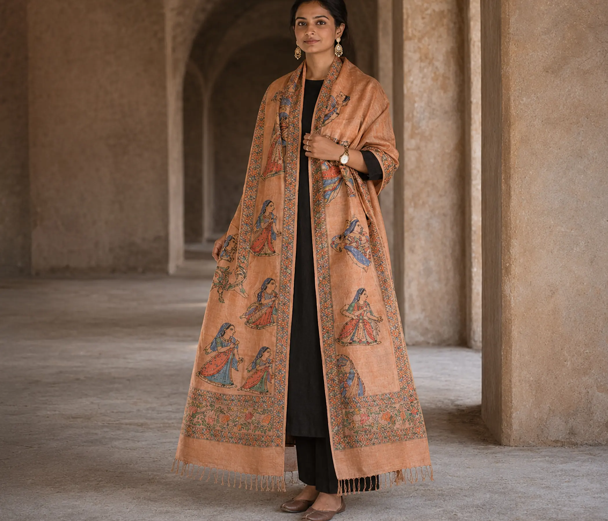 Madhubani Hand-painted Salmon Tussar Silk Dupatta